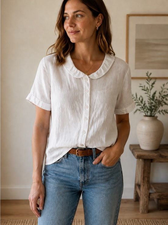 Orvis Tops - Orvis Women’s Size 10 White 100% Linen Peter Pan Collar Button Blouse